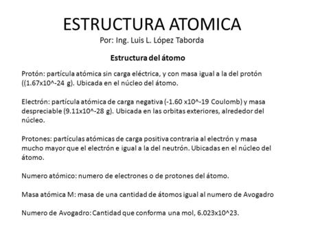 ESTRUCTURA ATOMICA Por: Ing. Luis L. López Taborda