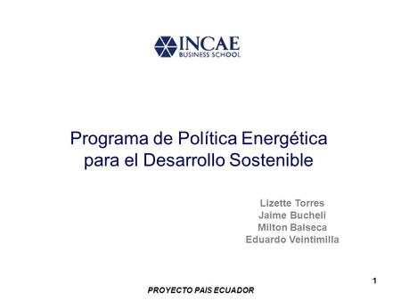 PROYECTO PAIS ECUADOR 1 Programa de Política Energética para el Desarrollo Sostenible Lizette Torres Jaime Bucheli Milton Balseca Eduardo Veintimilla.