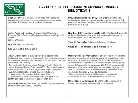 F-25 CHECK LIST DE DOCUMENTOS PARA CONSULTA (BIBLIOTECA) 1 Brief Description: Design, construction, implementation, operation and maintenance of two wastewater.