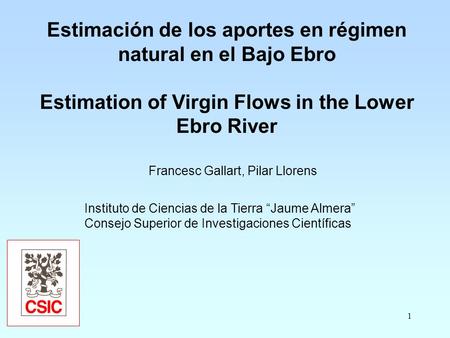 1 Estimación de los aportes en régimen natural en el Bajo Ebro Estimation of Virgin Flows in the Lower Ebro River Francesc Gallart, Pilar Llorens Instituto.