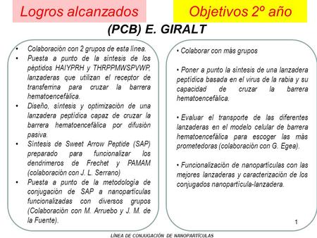 Logros alcanzados (PCB) E. GIRALT Objetivos 2º año 1 LÍNEA DE CONJUGACIÓN DE NANOPARTÍCULAS Colaboración con 2 grupos de esta línea. Puesta a punto de.