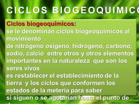 15 CICLOS BIOGEOQUIMICOS Ciclos biogeoquímicos: