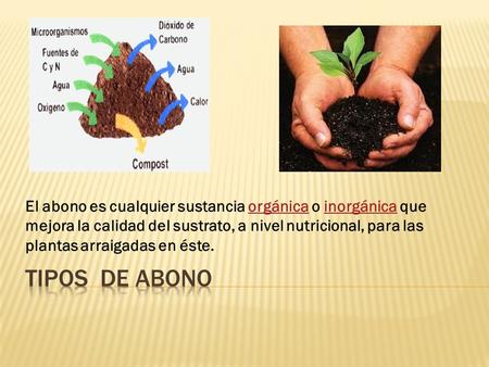 El abono es cualquier sustancia orgánica o inorgánica que mejora la calidad del sustrato, a nivel nutricional, para las plantas arraigadas en éste. TIPOS.