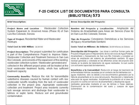 F-25 CHECK LIST DE DOCUMENTOS PARA CONSULTA (BIBLIOTECA) 573 Brief Description:Breve Descripción del Proyecto: Project Name and Location : Wastewater Collection.