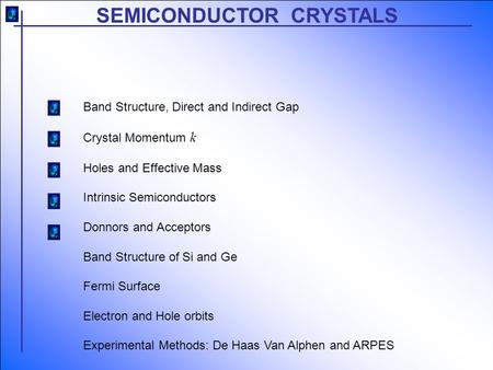 SEMICONDUCTOR CRYSTALS Band Structure, Direct and Indirect Gap Crystal Momentum k Holes and Effective Mass Intrinsic Semiconductors Donnors and Acceptors.