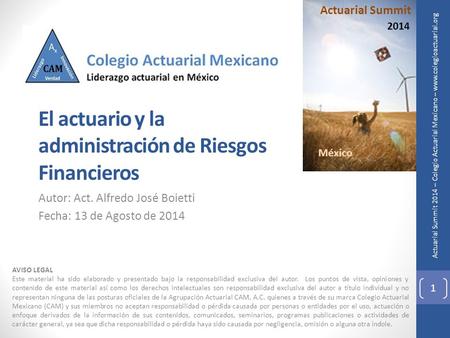 Actuarial Summit 2014 – Colegio Actuarial Mexicano – www.colegioactuarial.org El actuario y la administración de Riesgos Financieros Autor: Act. Alfredo.