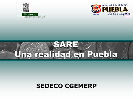 SARE Una realidad en Puebla SEDECO CGEMERP. SARE - Puebla Trámites federadles, estatales y municipales 685 actividades de bajo riesgo público, suceptibles.