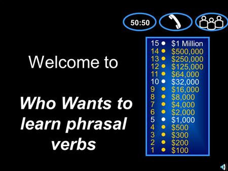 15 14 13 12 11 10 9 8 7 6 5 4 3 2 1 $1 Million $500,000 $250,000 $125,000 $64,000 $32,000 $16,000 $8,000 $4,000 $2,000 $1,000 $500 $300 $200 $100 Welcome.