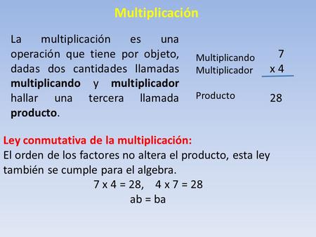 Multiplicación La multiplicación es una operación que tiene por objeto, dadas dos cantidades llamadas multiplicando y multiplicador hallar una tercera.