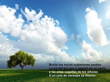 Bruñó los recios nubarrones pardos La luz del sol que s´agachó en un cerro, y las artas cogollas de los árboles d´un coló de naranjas se tiñeron.