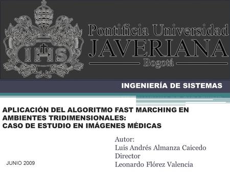 APLICACIÓN DEL ALGORITMO FAST MARCHING EN AMBIENTES TRIDIMENSIONALES: CASO DE ESTUDIO EN IMÁGENES MÉDICAS Autor: Luis Andrés Almanza Caicedo Director Leonardo.