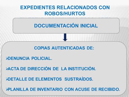 EXPEDIENTES RELACIONADOS CON ROBOS/HURTOS EN ESTABLECIMIENTOS ESCOLARES DOCUMENTACIÓN INICIAL COPIAS AUTENTICADAS DE:  DENUNCIA POLICIAL.  ACTA DE DIRECCIÓN.