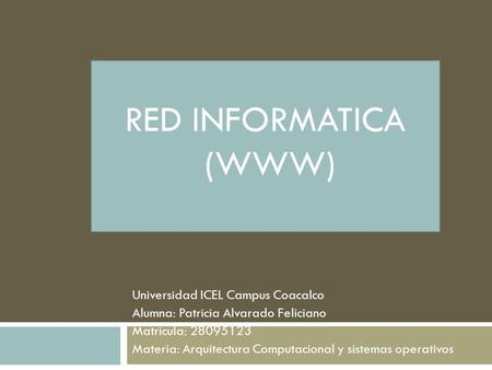 RED INFORMATICA (WWW) Universidad ICEL Campus Coacalco Alumna: Patricia Alvarado Feliciano Matricula: 28095123 Materia: Arquitectura Computacional y sistemas.