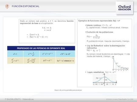 1º BACHILLERATO | Matemáticas © Oxford University Press España, S.A. 2008 Hacer clic en la pantalla para avanzar FUNCIÓN EXPONENCIAL Dado un número real.