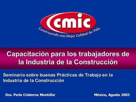 1 Dra. Perla Cristerna Montúfar México, Agosto 2003 Capacitación para los trabajadores de la Industria de la Construcción Seminario sobre buenas Prácticas.