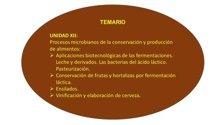 TEMARIO UNIDAD XII: Procesos microbianos de la conservación y producción de alimentos: Aplicaciones biotecnológicas de las fermentaciones. Leche y derivados.