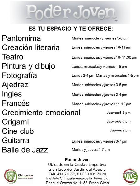 ES TU ESPACIO Y TE OFRECE: Pantomima Creación literaria Teatro Pintura y dibujo Fotografía Ajedrez Inglés Francés Crecimiento emocional Origami Cine club.