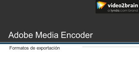 Adobe Media Encoder Formatos de exportación. Vídeo y animación Gif animado (solo Windows) FLV, F4V H.264 (AAC, 3GP, MP4, M4V, MPA (audio), AMR (audio),