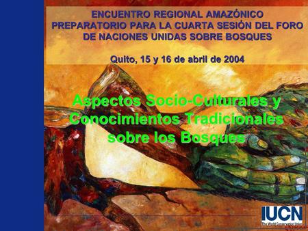 ENCUENTRO REGIONAL AMAZÓNICO PREPARATORIO PARA LA CUARTA SESIÓN DEL FORO DE NACIONES UNIDAS SOBRE BOSQUES Quito, 15 y 16 de abril de 2004 Aspectos Socio-Culturales.