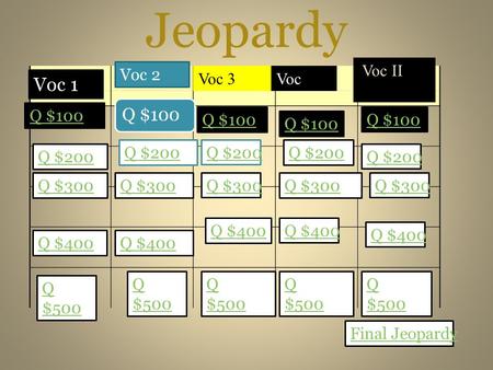 Jeopardy Voc 1 Voc 2 Voc 3Voc Voc II Q $100 Q $200 Q $300 Q $400 Q $500 Q $100 Q $200 Q $300 Q $400 Q $500 Q $500 Q $500 Q $500 Final Jeopardy.