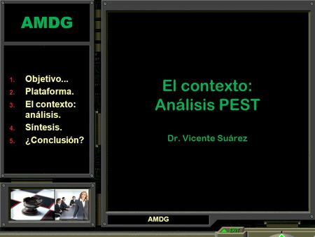AMDG El contexto: Análisis PEST Dr. Vicente Suárez  Objetivo...  Plataforma.  El contexto: análisis.  Síntesis.  ¿Conclusión? AMDG.
