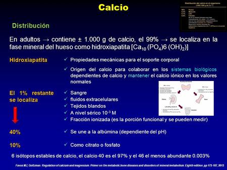 Calcio Distribución En adultos → contiene ± 1.000 g de calcio, el 99% → se localiza en la fase mineral del hueso como hidroxiapatita [Ca10 (PO4)6 (OH)2)]