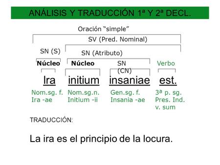 ANÁLISIS Y TRADUCCIÓN 1ª Y 2ª DECL. SN (S) SV (Pred. Nominal) Nom.sg. f. Ira -ae VerboNúcleo SN (Atributo) Nom.sg.n. Initium -ii Núcleo Gen.sg. f. Insania.