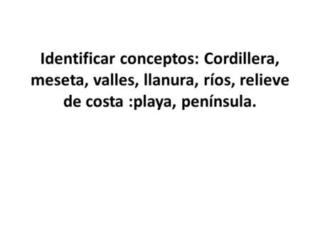 Identificar conceptos: Cordillera, meseta, valles, llanura, ríos, relieve de costa :playa, península.  