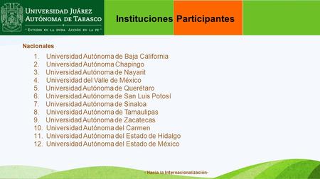 Instituciones Participantes Nacionales 1. Universidad Autónoma de Baja California 2. Universidad Autónoma Chapingo 3. Universidad Autónoma de Nayarit 4.