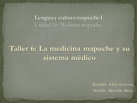 Taller 6: La medicina mapuche y su sistema médico Kimelfe: Elisa Loncon Keyufe: Marcela Meza.
