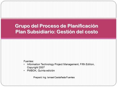 Grupo del Proceso de Planificación Plan Subsidiario: Gestión del costo