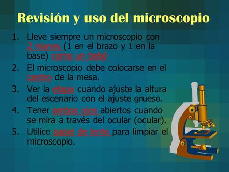 Revisión y uso del microscopio 1.Lleve siempre un microscopio con 2 manos (1 en el brazo y 1 en la base) como un bebé 2.El microscopio debe colocarse.