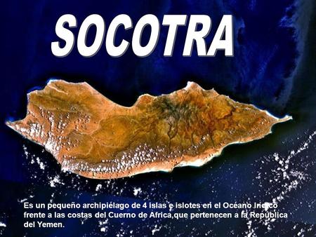 Socotra Es un pequeño archipiélago de 4 islas e islotes en el Océano Indico frente a las costas del Cuerno de Africa,que pertenecen a la República del.