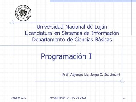 Agosto 2010Programación I - Tipo de Datos1 Programación I Prof. Adjunto: Lic. Jorge O. Scucimarri Universidad Nacional de Luján Licenciatura en Sistemas.