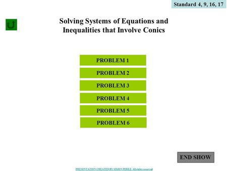 1 Solving Systems of Equations and Inequalities that Involve Conics PROBLEM 4 PROBLEM 1 Standard 4, 9, 16, 17 PROBLEM 3 PROBLEM 2 PROBLEM 5 END SHOW PROBLEM.