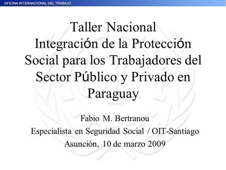 Taller Nacional Integraci ó n de la Protecci ó n Social para los Trabajadores del Sector P ú blico y Privado en Paraguay Fabio M. Bertranou Especialista.