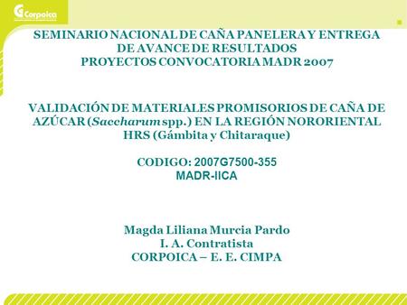 SEMINARIO NACIONAL DE CAÑA PANELERA Y ENTREGA DE AVANCE DE RESULTADOS PROYECTOS CONVOCATORIA MADR 2007 VALIDACIÓN DE MATERIALES PROMISORIOS DE CAÑA DE.