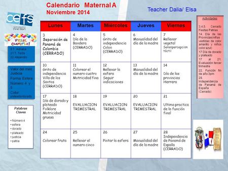 Calendario Maternal A Noviembre 2014 Teacher Dalia/ Elsa.