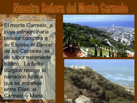 El monte Carmelo, a cuya extraordinaria belleza compara a su Esposa el Cantar de los Cantares, es de sabor netamente bíblico. La fiesta litúrgica recoge.