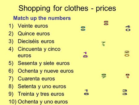 Shopping for clothes - prices Match up the numbers 1)Veinte euros 2)Quince euros 3)Dieciséis euros 4)Cincuenta y cinco euros 5)Sesenta y siete euros 6)Ochenta.