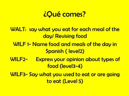 ¿Qué comes? WALT: say what you eat for each meal of the day/ Revising food WILF 1- Name food and meals of the day in Spanish ( level2) WILF2- Express your.