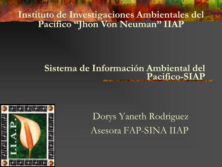 Sistema de Información Ambiental del Pacifico-SIAP Dorys Yaneth Rodriguez Asesora FAP-SINA IIAP Instituto de Investigaciones Ambientales del Pacífico “Jhon.