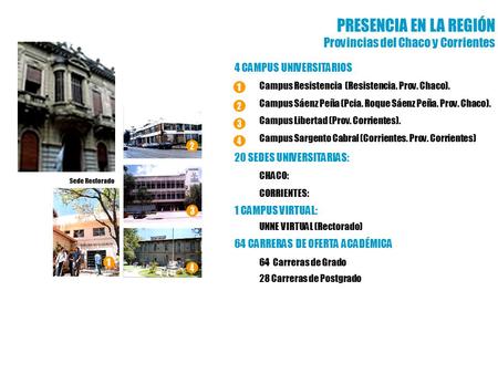 4 CAMPUS UNIVERSITARIOS Campus Resistencia (Resistencia. Prov. Chaco). Campus Sáenz Peña (Pcia. Roque Sáenz Peña. Prov. Chaco). Campus Libertad (Prov.