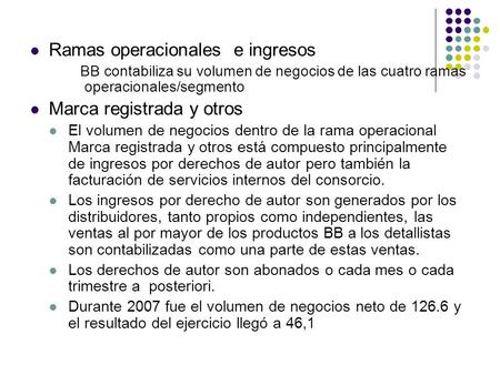 Ramas operacionales e ingresos BB contabiliza su volumen de negocios de las cuatro ramas operacionales/segmento Marca registrada y otros El volumen de.