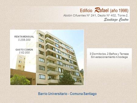 3 Dormitorios, 2 Baños y Terraza Sin estacionamiento ni bodega RENTA MENSUAL $ 258.000 GASTO COMÚN $ 62.000 Barrio Universitario - Comuna Santiago Edificio.