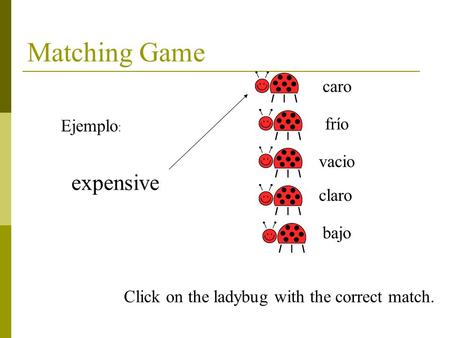 Matching Game expensive caro frío vacio claro bajo Ejemplo : Click on the ladybug with the correct match.