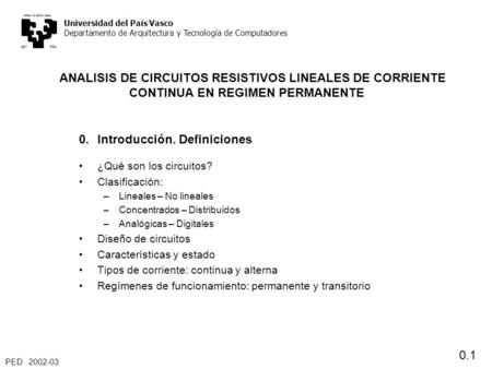 PED 2002-03 0.1 ANALISIS DE CIRCUITOS RESISTIVOS LINEALES DE CORRIENTE CONTINUA EN REGIMEN PERMANENTE 0. Introducción. Definiciones ¿Qué son los circuitos?