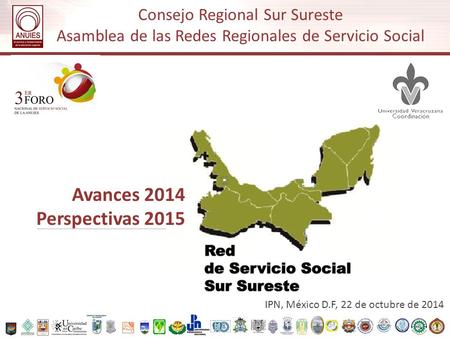 Red de Servicio Social Sur Sureste Consejo Regional Sur Sureste Asamblea de las Redes Regionales de Servicio Social Coordinación Avances 2014 Perspectivas.