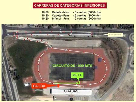 CARRERAS DE CATEGORIAS INFERIORES 10:00 Cadetes Masc – 3 vueltas (3000mts) 10:20 Cadetes Fem – 2 vueltas (2000mts) 10:20 Infantil Fem – 2 vueltas (2000mts)