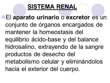 SISTEMA RENAL El aparato urinario o excretor es un conjunto de órganos encargados de mantener la homeostasis del equilibrio ácido-base y del balance hidrosalino,